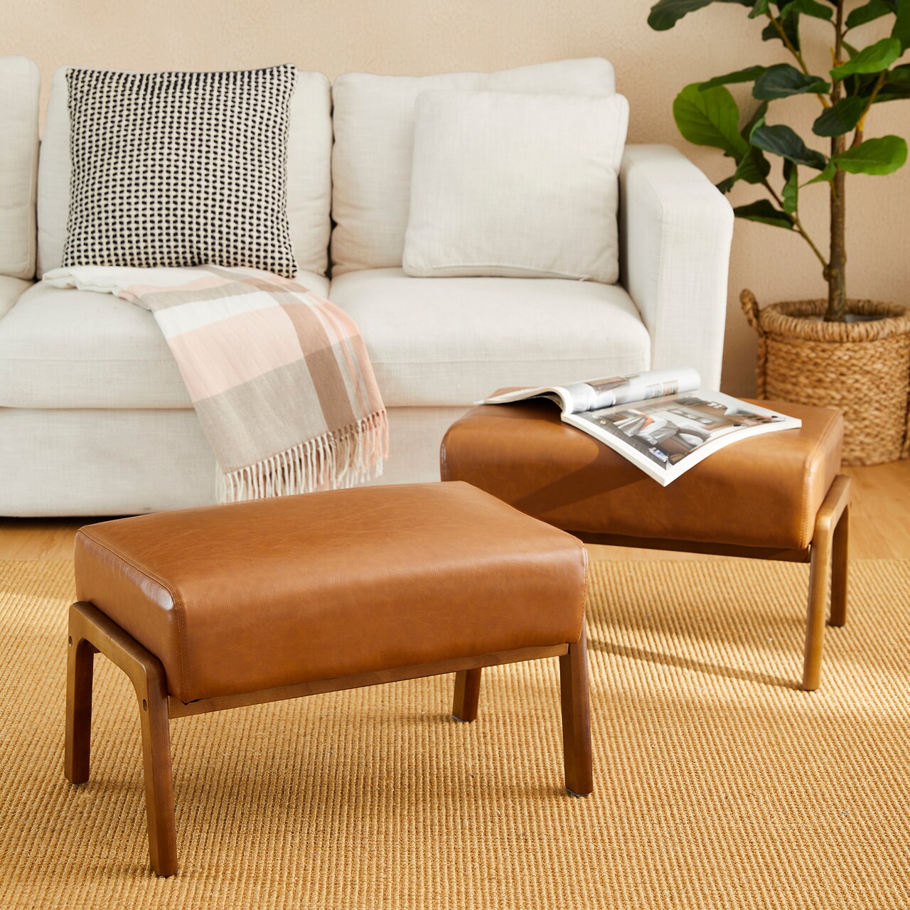 Mid-century Modern Leatherette Accent Stool with Walnut Rubberwood Legs